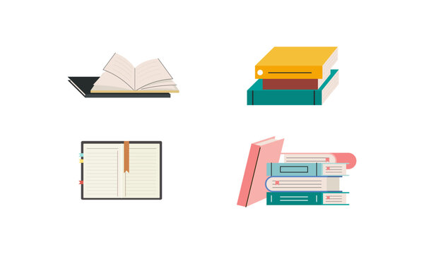 Set of books for reading, literature, dictionaries, encyclopedias, planners with bookmarks. 