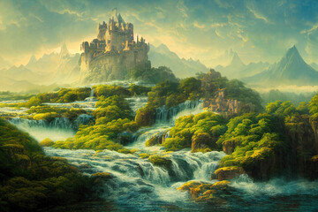 Beautiful digital art generative AI of fantasy fairy tale castle on waterfall with hills and mountain scenery. Splendid greenery and forest landscape like it came out from fairytale. - obrazy, fototapety, plakaty