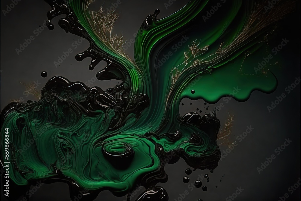 Poster a green and black liquid swirl with bubbles and bubbles on it's surface., generative ai