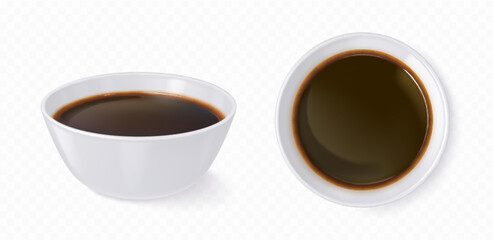 Realistic white bowl with soy sauce or balsamic vinegar isolated on transparent background. Vector illustration set of side and top view porcelain dish with Chinese cuisine condiment, salty seasoning