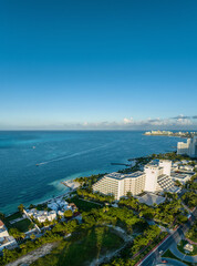 Aerial view of the beautiful coastline of Cancun, Mexico. Hotel zone. Sunset.