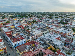 Aerial view of Campeche downtown at sunset.