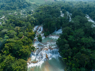 Aerial view of the waterfalls Agua Azul, Chiapas (Mexico). Panorama.
