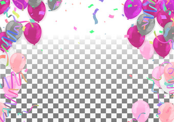 Abstract colorful confetti and balloons background. Balloons and confetti isolated on the white. Vector holiday illustration.
