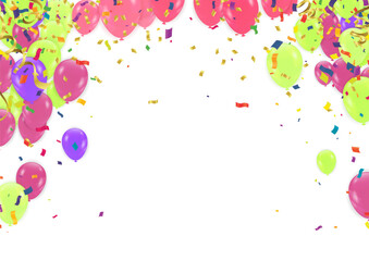 Birthday Card with Balloons , Confetti and Curling Streamer or Party Serpentine . Isolated Vector Illustration