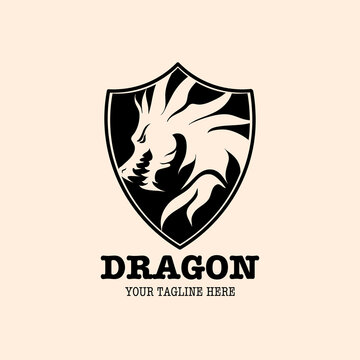 Logo design template, with dragon head icon in circle, shield