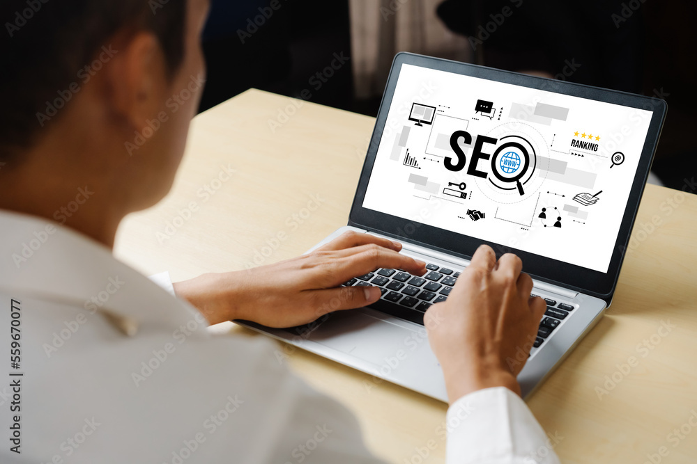 Aufkleber seo search engine optimization for modish e-commerce and online retail business showing on computer 