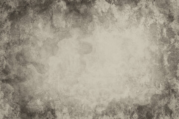 Obraz premium Old brown paper parchment background with distressed vintage stains and ink spatter and white faded shabby center, elegant antique sepia beige color