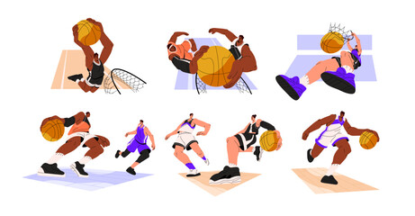 Basketball players in action set. Athletes playing sport game, throwing ball to basket net, dribbling, running, jumping. Diverse men training. Flat vector illustrations isolated on white background