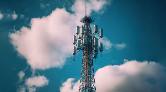 Cellphone tower, blue sky and clouds, Generative AI