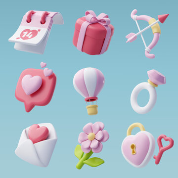 3d Vector icon set of Valentine's day and love anniversary, Valentine's Day Concept.