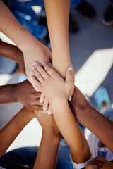 Hands, together and support, children solidarity and trust, commitment and team motivation top...