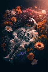 Astronaut laying in flowers