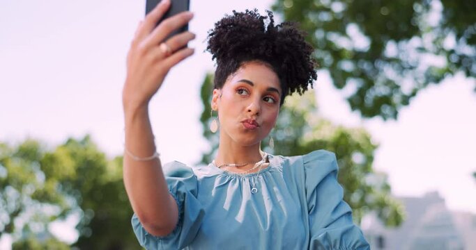 Garden, selfie and black woman with phone, smile and peace sign expression for social media profile picture. Nature, crazy summer fun and woman influencer taking happy photo with smartphone in park.