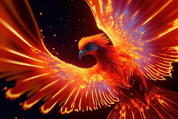 Burning Phoenix Bird - This fiery bird has hot orange and red-orange plumage with regal and majestic head and beak. Generative AI with 3D shading for photorealism