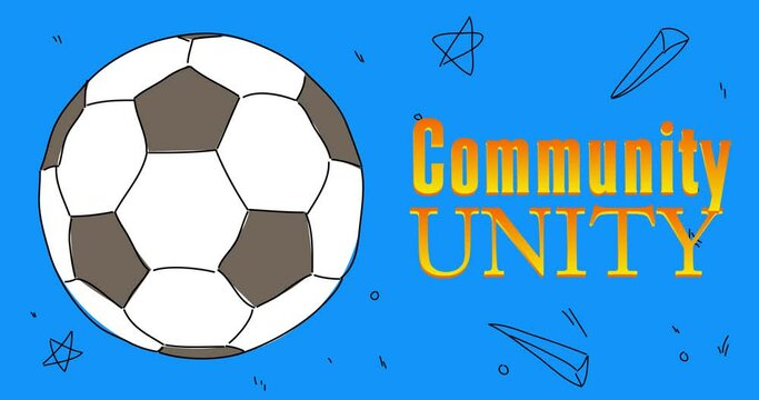 Football ball with Community Unity text.  Abstract dancing line cartoon animation. 4k HD Format resolution video.