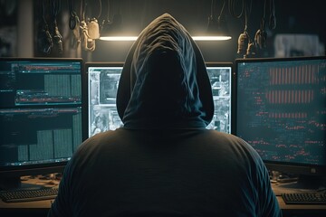 Hacker with a hoodie in a cellar . View from behind, in front of three screen . Generative AI illustration.