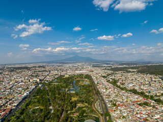 Aerial view of Park Ecologico Revolucion Mexicana in Puebla city in Mexico. A large artificial biosphere for various species of birds and animals.