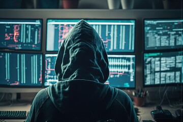 Dark trader with a hoodie , view from behind. Hacker in front of six screen. Generative AI illustration.