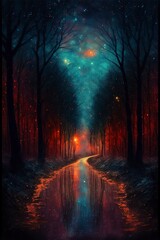 landscape Terracotta Road Through the dark forest, Starry night