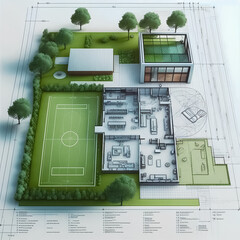 Building house on blueprints architectural construction model, Construction concept. Residential building drawings and architectural model,3D rendering of a house architectural and landscape model wit