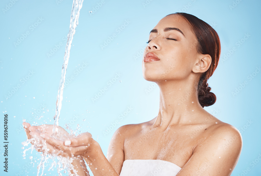 Sticker Skincare, beauty and woman with water in hands for luxury facial cleaning and morning routine in studio. Water splash, spa product placement and relax, black woman with skin care on blue background.