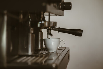 espresso machine in coffee shop counter offering freshly brewed coffee. coffee maker concept.