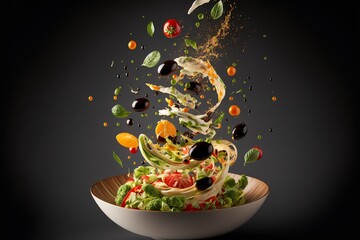 Fototapeta na wymiar salad bowl with sauce swirling splashing