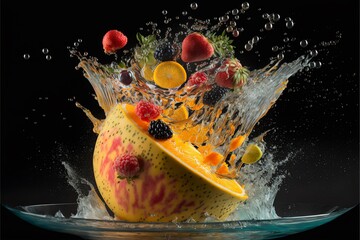 Fototapeta na wymiar fresh food and vegetables splashing into water and juices 