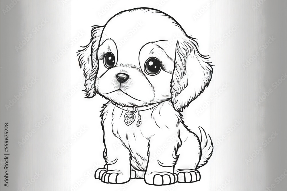 Aufkleber a dog with a collar sitting down on a table with a cup of coffee in front of it and a drawing of a p