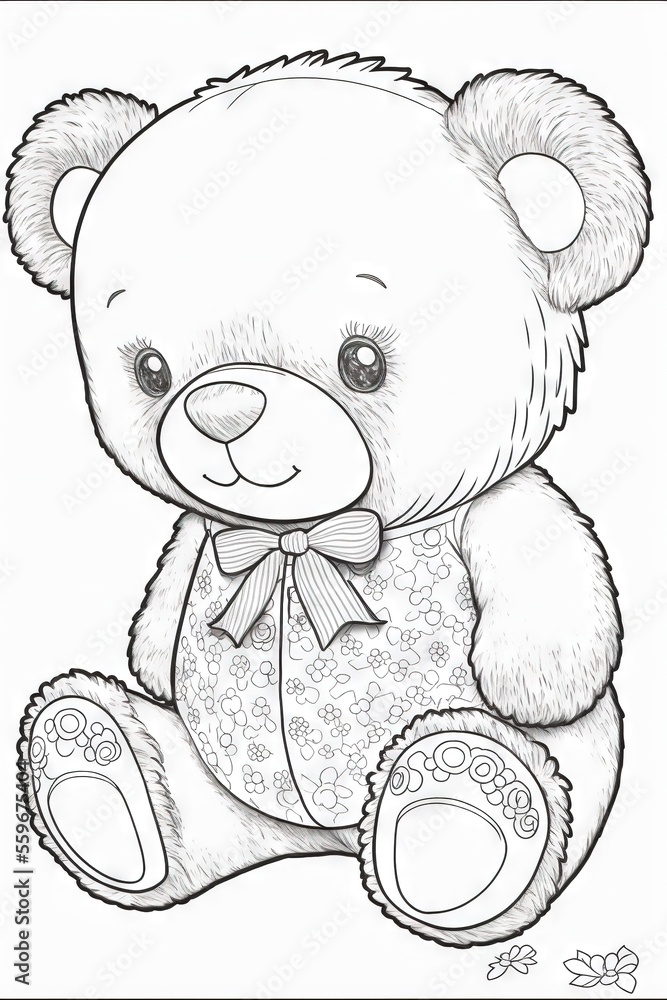 Poster a bear with a bow on its neck sitting down with a flowered background and a white background with a 