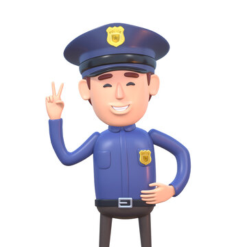 3d render of cartoon policeman showing victory gesture