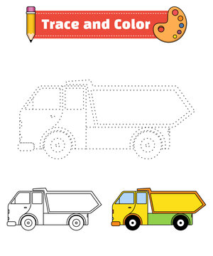 Trace and color for children, coloring page or book, truck vector illustration. Isolated white background.
