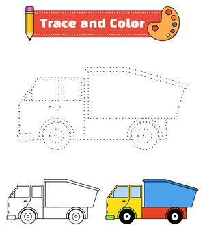 Trace and color for children, coloring page or book, truck vector illustration. Isolated white background.