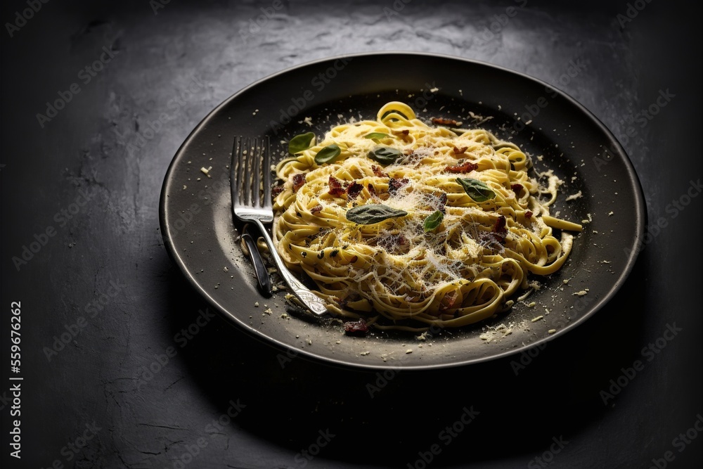 Poster a plate of pasta with a fork on a table with a black background and a black table cloth with a black