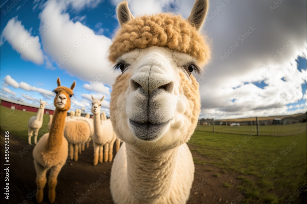 Poster a group of llamas standing in a field with a sky background and clouds in the background, with a few