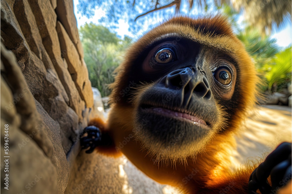 Poster a monkey is hanging on to a tree branch and looking at the camera man's eye is on the tree branch an