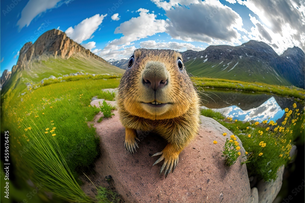 Poster a groundhog is sitting on a rock and looking at the camera with a mountain in the background and a l