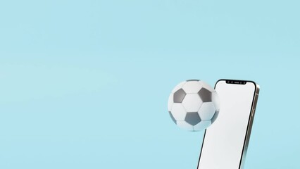 Modern smartphone with white screen and rotating football ball appears from bottom of screen onto blue background - 3D render, animation