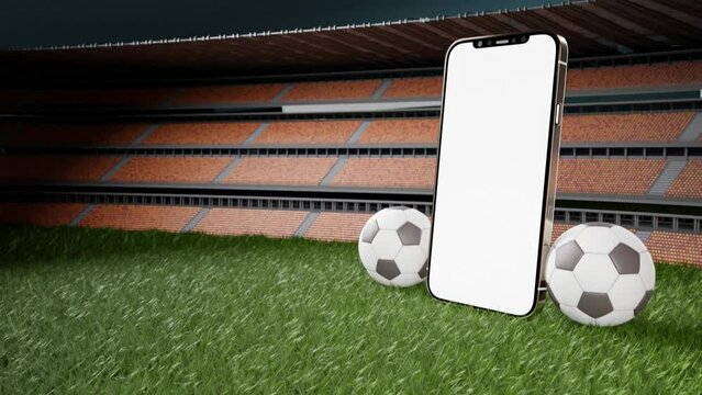 Two footballs roll and stop next to smartphone with white screen on field, 3D