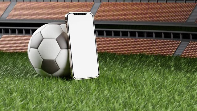 Cellphone with white screen leans agains soccer ball on green field; 3D render