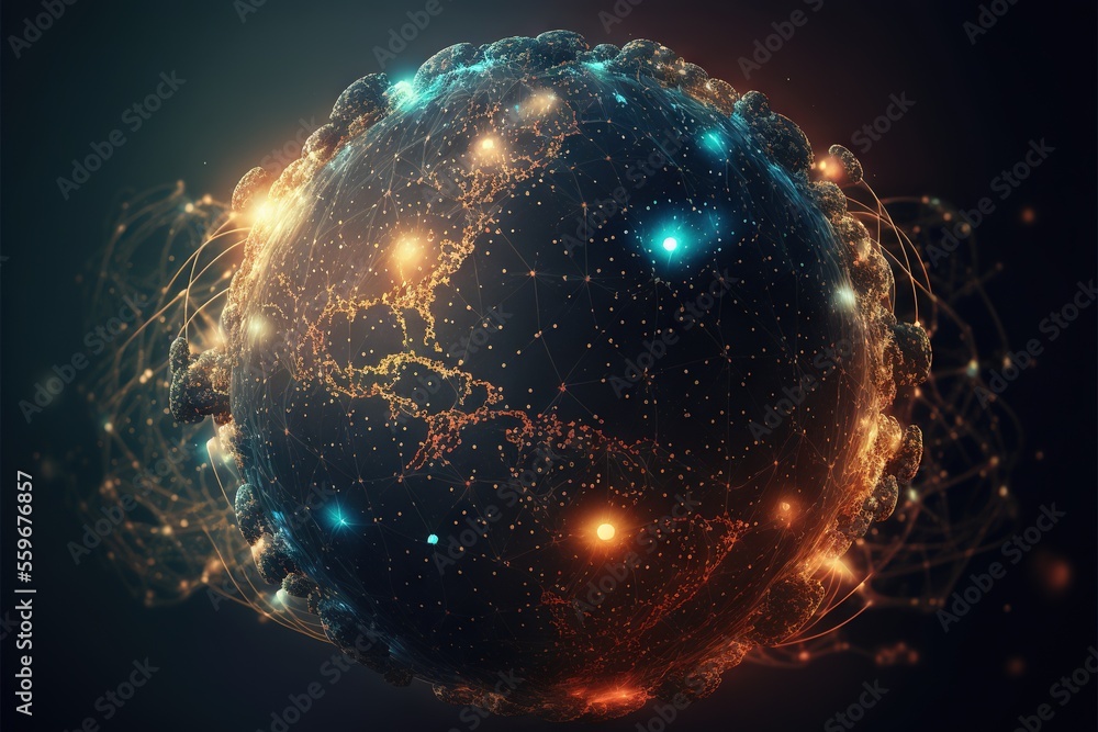 Poster a sphere with many connected lines and dots around it, with a dark background and a blue sky with st