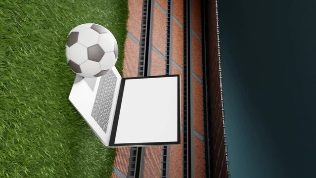 Laptop whitescreen template football ball in soccer field, 3d animation, vertical