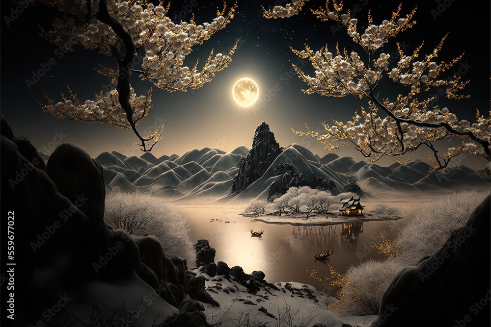 Aufkleber a painting of a mountain lake with a full moon in the background and a house on a hill with a house 