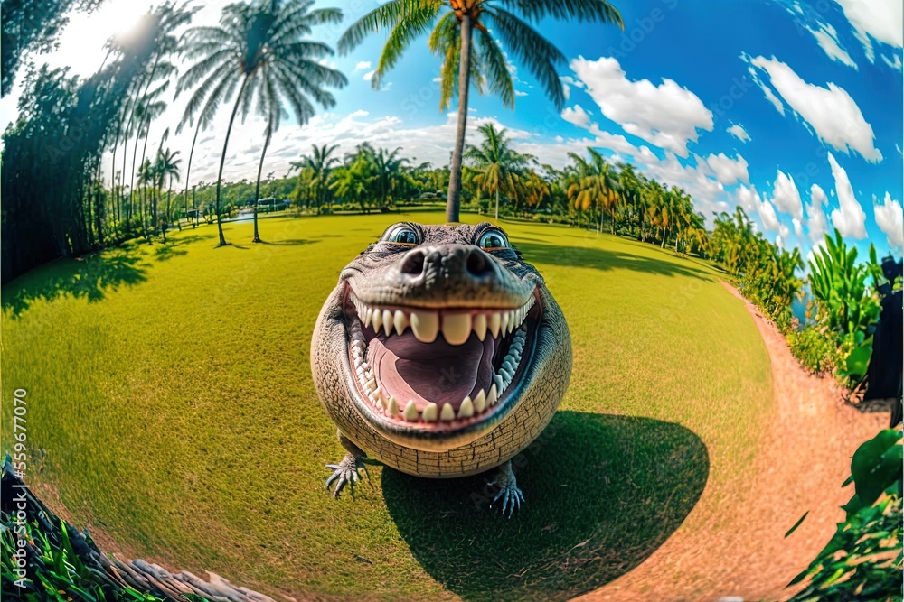 Poster a large alligator is in a grassy field with palm trees and a blue sky in the background, with a refl