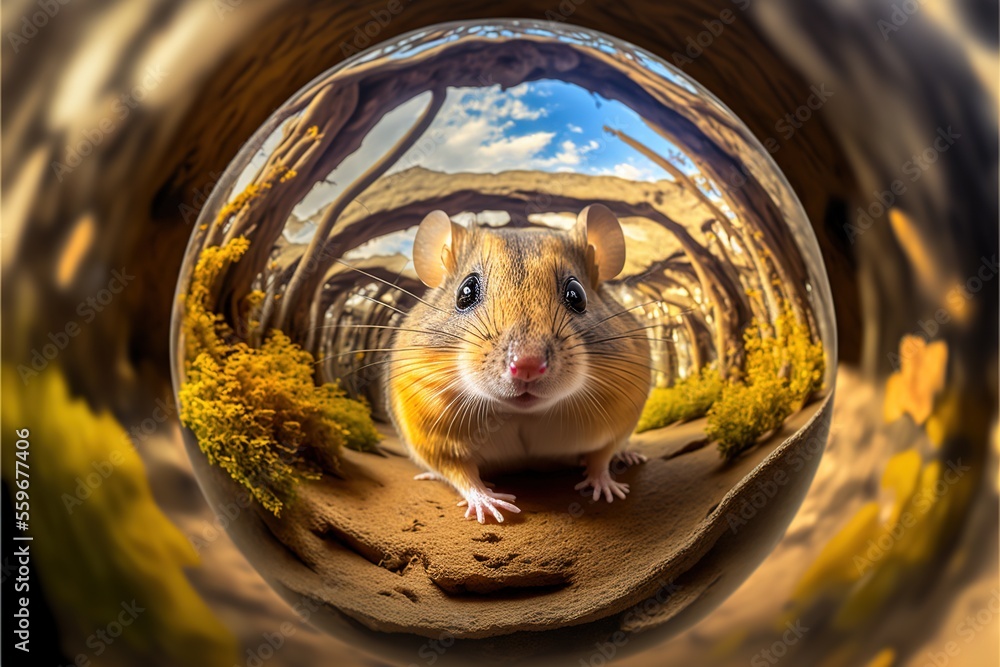 Poster a mouse is sitting in a round hole in the ground with trees and bushes in the background and a blue 