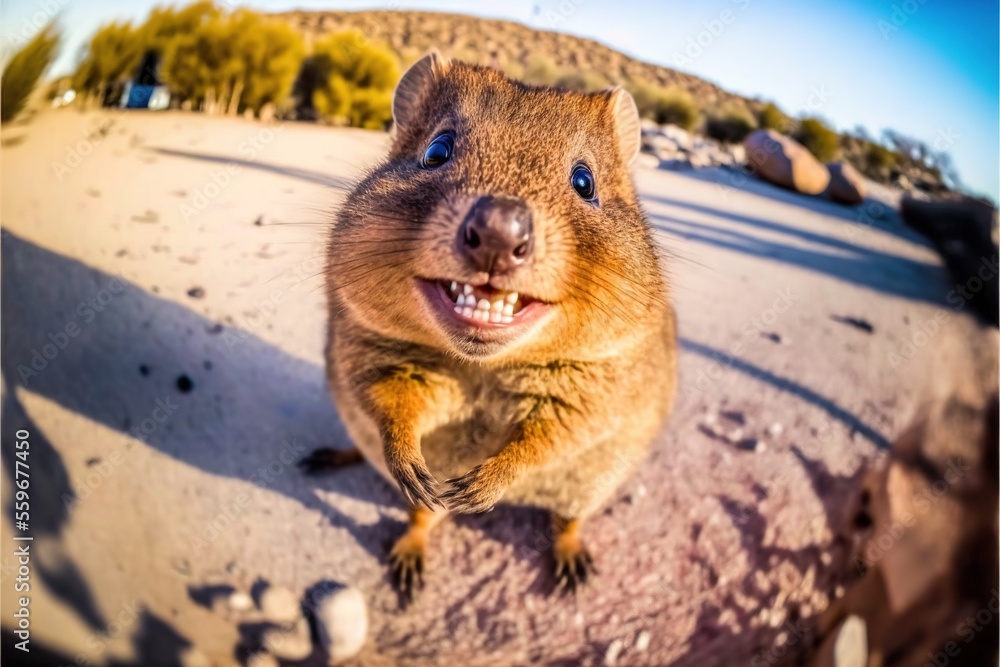 Poster a groundhog is standing on its hind legs and smiling at the camera with its mouth open and it's teet