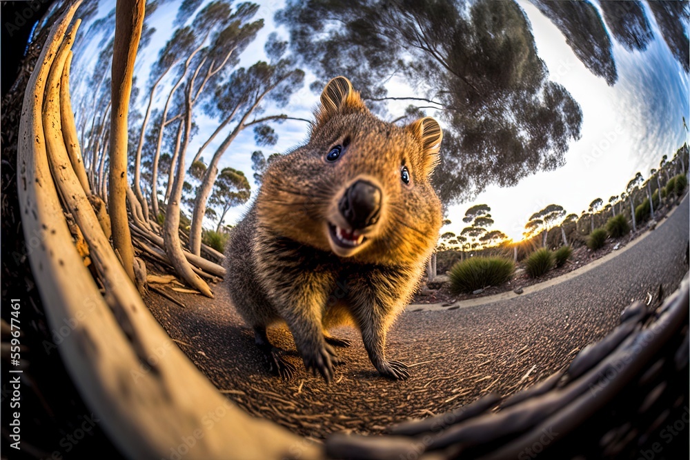 Poster a close up of a camera lens with a koala on the side of it and trees in the background and a sky in 