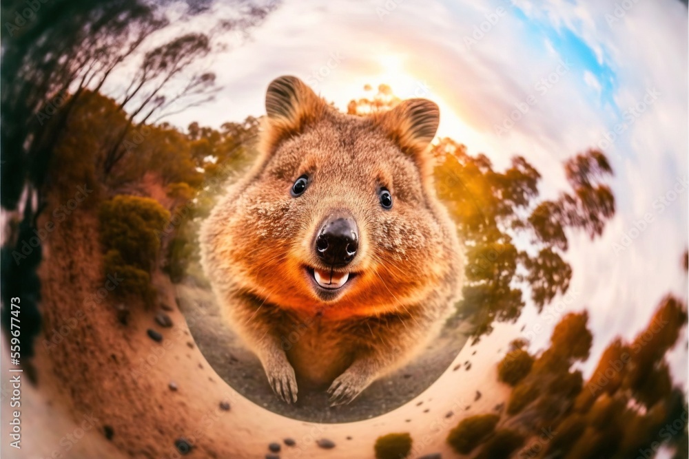 Poster a close up of a koala looking up at the camera with trees in the background and a sky with clouds an