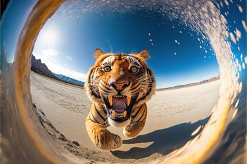  a tiger is running through a tunnel of water and sand with its mouth open and tongue out, with a mountain in the background, and a blue sky with white clouds, and a. - obrazy, fototapety, plakaty